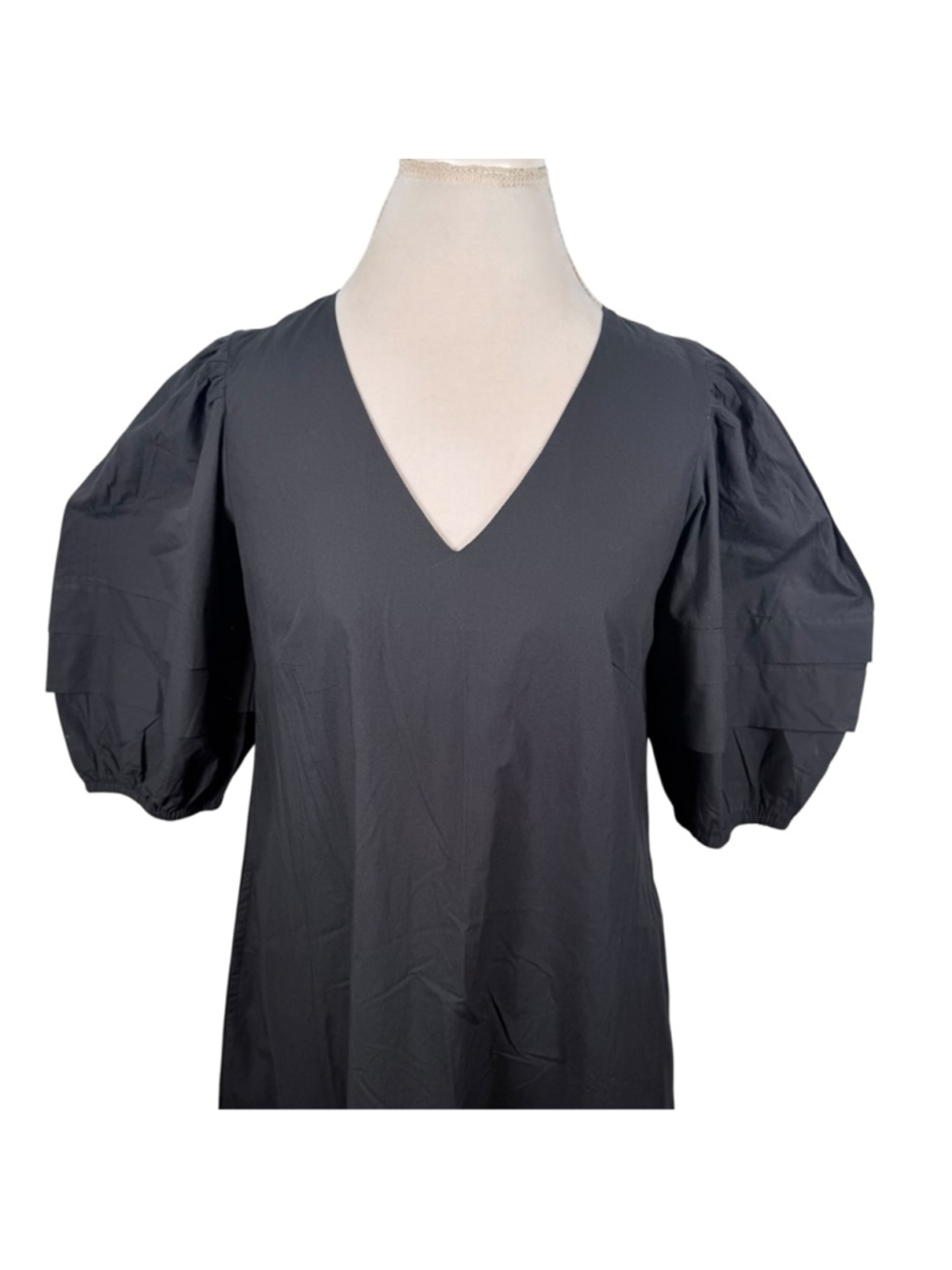 OLIVIA JAMES The Label Georgia Black Cotton Poplin V-Neck Puff Sleeve Midi Dress - Picture 3 of 11